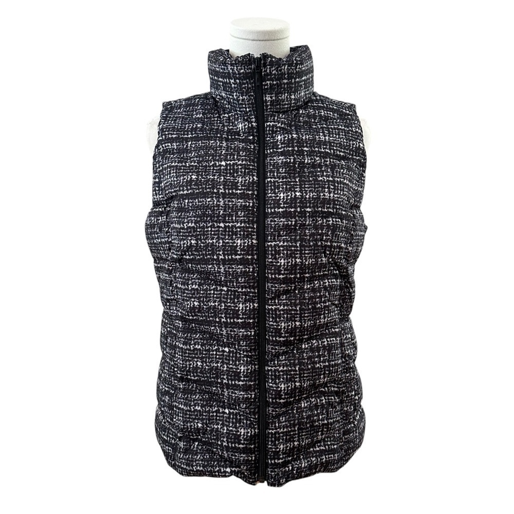 Lands' End Women's Small Black White Full Zip Puffer Outerwear Sleeveless Vest